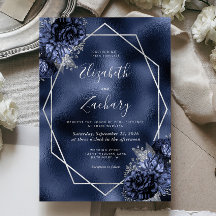 Navy Blue Floral Silver Frame Imitate Hochzeit