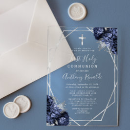 Navy Blue Floral Silver Geo Erste Heilige Kommune Acryleinladungen