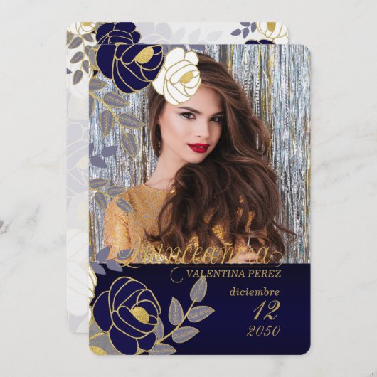 Navy Blue Floral Spanisch Quinceanera mit Foto Einladung (Vorne/Hinten)