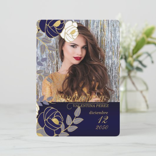 Navy Blue Floral Spanisch Quinceanera mit Foto Einladung (Stehend Vorderseite)