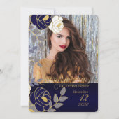 Navy Blue Floral Spanisch Quinceanera mit Foto Einladung (Vorderseite)