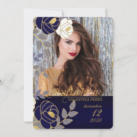 Navy Blue Floral Spanisch Quinceanera mit Foto Einladung (Vorderseite)