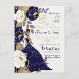 Navy Blue Floral Spanish Quincanera Save the Date Ankündigungspostkarte