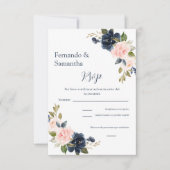 Navy Blue Floral Spanish Wedding RSVP Karte (Vorderseite)
