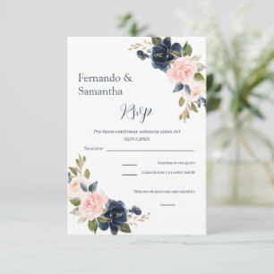 Navy Blue Floral Spanish Wedding RSVP Karte
