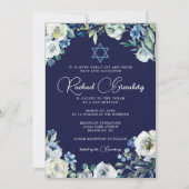 Navy Blue Floral Star von David Bat Mitzvah Einladung (Vorderseite)