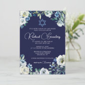 Navy Blue Floral Star von David Bat Mitzvah Einladung (Stehend Vorderseite)