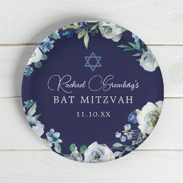 Navy Blue Floral Star von David Bat Mitzvah Party Pappteller