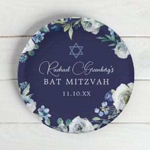 Navy Blue Floral Star von David Bat Mitzvah Party Pappteller