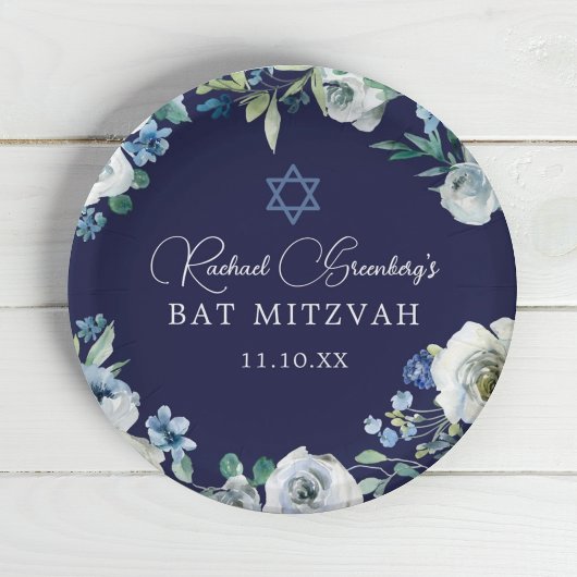 Navy Blue Floral Star von David Bat Mitzvah Party Pappteller