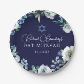 Navy Blue Floral Star von David Bat Mitzvah Party Pappteller (Vorderseite)