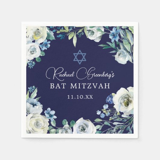 Navy Blue Floral Star von David Bat Mitzvah Party Serviette (Vorderseite)