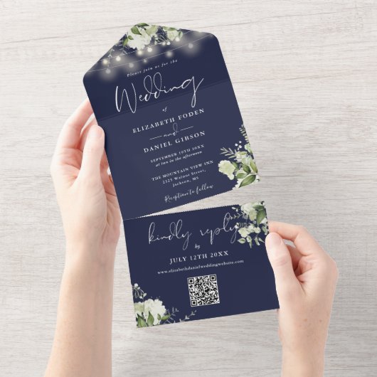 Navy Blue Floral String Lights QR Code Wedding All In One Einladung (Abreißen)