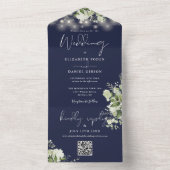 Navy Blue Floral String Lights QR Code Wedding All In One Einladung (Innen Boden)
