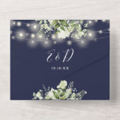 Navy Blue Floral String Lights QR Code Wedding All In One Einladung (Rückseite)