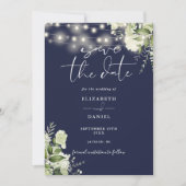 Navy Blue Floral String Lights QR Code Wedding Save The Date (Vorderseite)