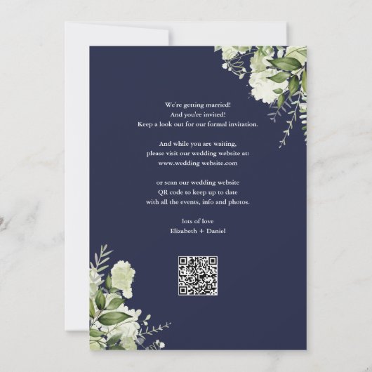 Navy Blue Floral String Lights QR Code Wedding Save The Date (Rückseite)