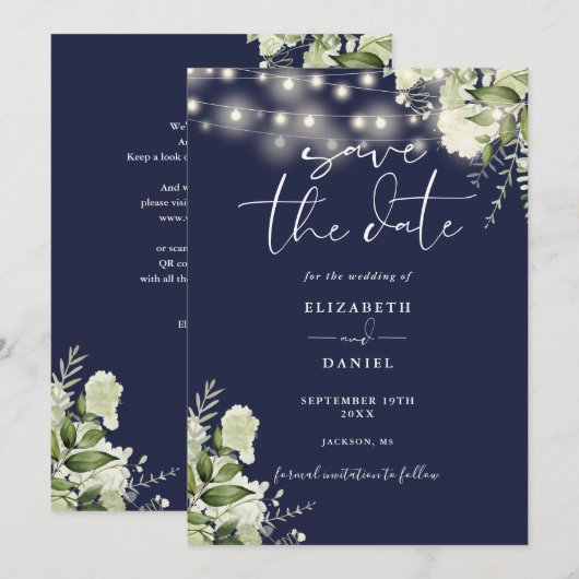 Navy Blue Floral String Lights QR Code Wedding Save The Date (Vorne/Hinten)
