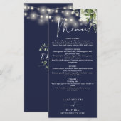 Navy Blue Floral String Lights Wedding Dinner Menükarte (Vorne/Hinten)