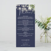 Navy Blue Floral String Lights Wedding Dinner Menükarte (Stehend Vorderseite)