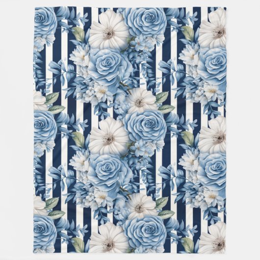 Navy Blue Floral Stripes Brautparty Fleecedecke (Vorderseite)