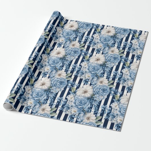 Navy Blue Floral Stripes Brautparty Geschenkpapier (Ungerollt)