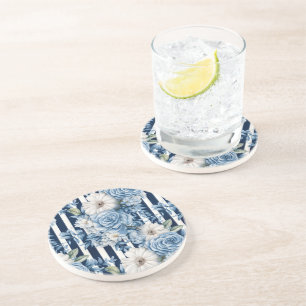 Navy Blue Floral Stripes Brautparty Getränkeuntersetzer