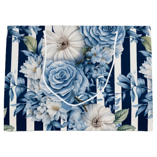 Navy Blue Floral Stripes Brautparty Große Geschenktüte (Vorderseite)