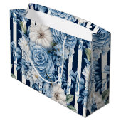 Navy Blue Floral Stripes Brautparty Große Geschenktüte (Rückseite Schrägansicht)