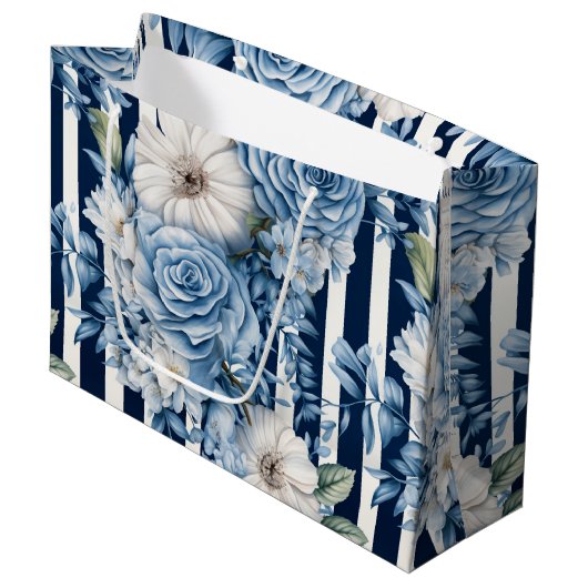 Navy Blue Floral Stripes Brautparty Große Geschenktüte (Vorderseite Schrägansicht)