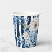 Navy Blue Floral Stripes Brautparty Pappbecher (Rückseite)