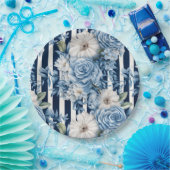 Navy Blue Floral Stripes Brautparty Pappteller (Party)