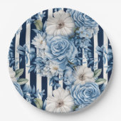 Navy Blue Floral Stripes Brautparty Pappteller (Vorderseite)