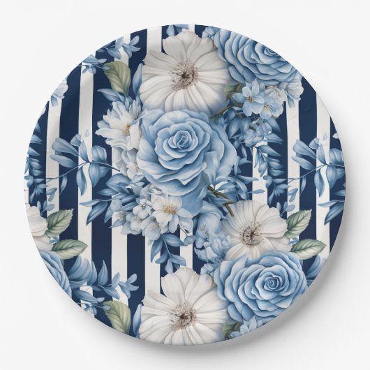 Navy Blue Floral Stripes Brautparty Pappteller (Vorderseite)