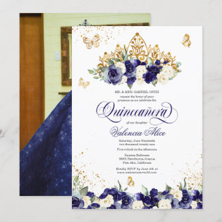 Navy Blue Floral Tiara Butterfly Foto Quinceanera Einladung