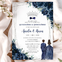 Navy Blue Floral Twins Boy Girl Silver Quinceañera