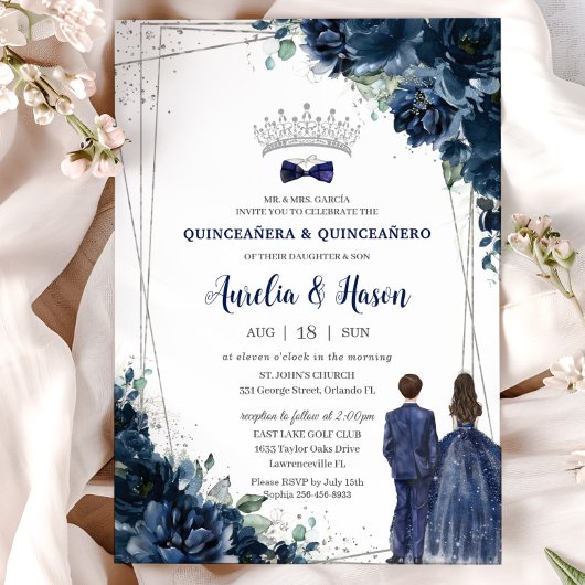 Navy Blue Floral Twins Boy Girl Silver Quinceañera Einladung