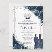 Navy Blue Floral Twins Boy Girl Silver Quinceañera Einladung (Vorderseite)