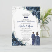 Navy Blue Floral Twins Boy Girl Silver Quinceañera Einladung (Stehend Vorderseite)