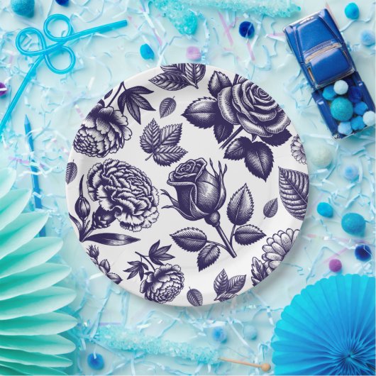Navy Blue Floral Vintag Pappteller (Party)