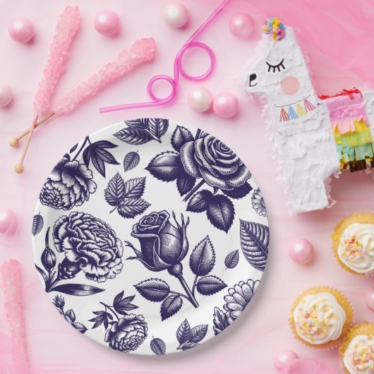 Navy Blue Floral Vintag Pappteller (Party)