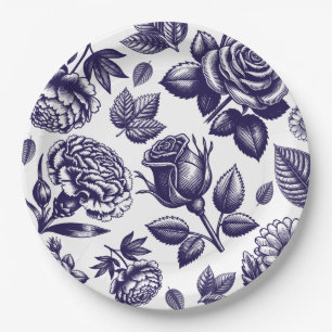 Navy Blue Floral Vintag Pappteller