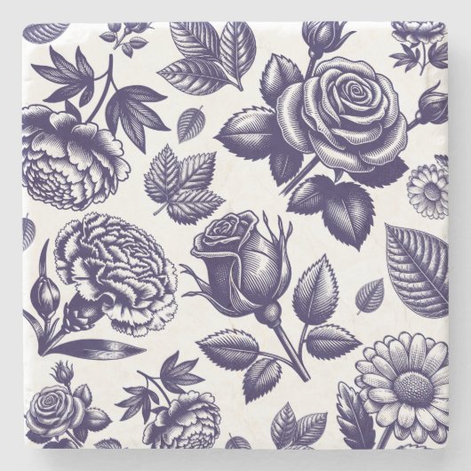 Navy Blue Floral Vintag Steinuntersetzer (Vorderseite)