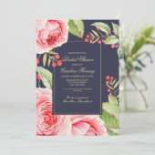 Navy Blue Floral Watercolor Brautparty Einladung (Stehend Vorderseite)