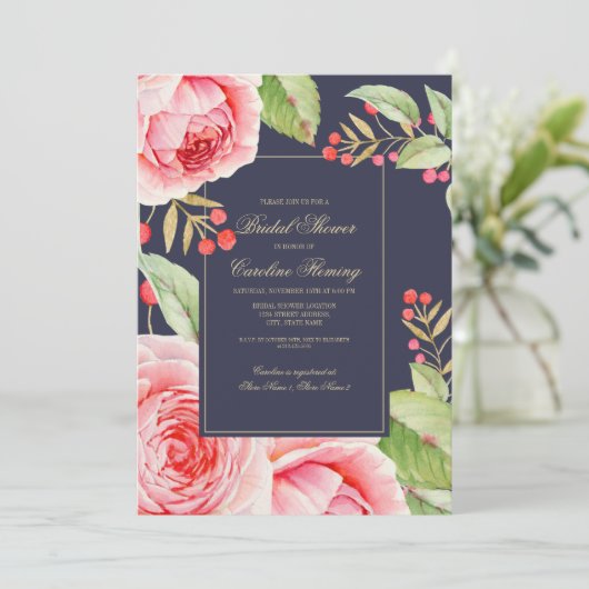 Navy Blue Floral Watercolor Brautparty Einladung (Stehend Vorderseite)