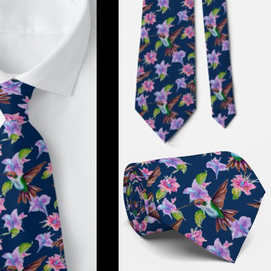 Navy Blue Floral Watercolor Hummingbird Blume Krawatte