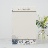 Navy Blue Floral Watercolor with Name Briefpapier (Stehend Vorderseite)