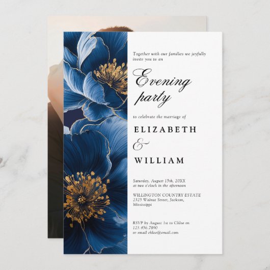 Navy Blue Floral Wedding Abend Party Foto Einladung (Vorne/Hinten)