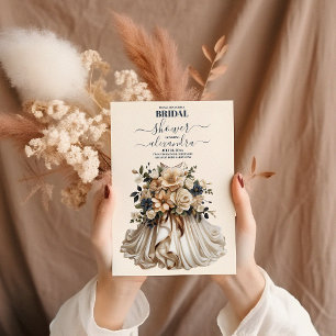 Navy Blue Floral Wedding Dress Brautparty Einladung