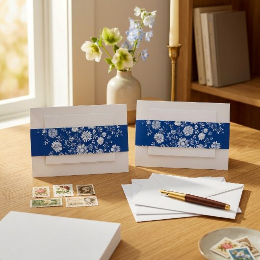 Navy Blue Floral Wedding Einladungsbanderole